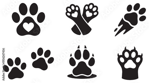 Collection of stylized paw print icons with various designs including hearts and motion effects.