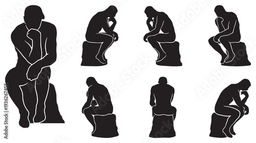 Collection of silhouettes of a man in a thinking pose, representing contemplation and introspection.