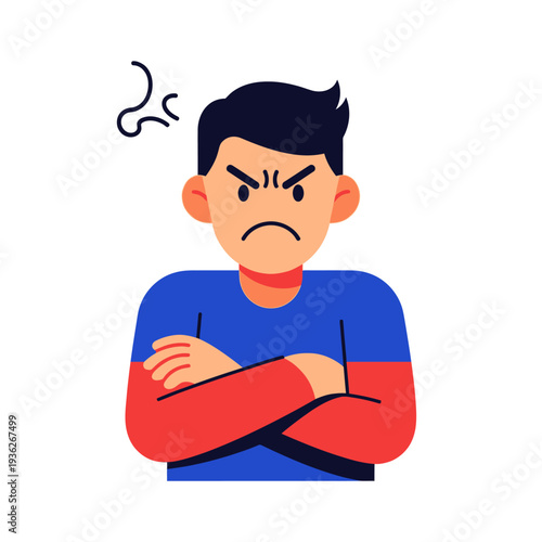 Angry man with crossed arms, frustrated expression, cartoon style illustration