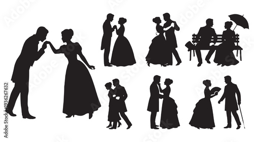 Collection of elegant silhouettes of couples in historical attire, engaged in romantic gestures and social interactions.