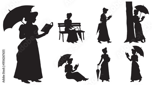 Collection of silhouette illustrations of Victorian women reading books outdoors with umbrellas.