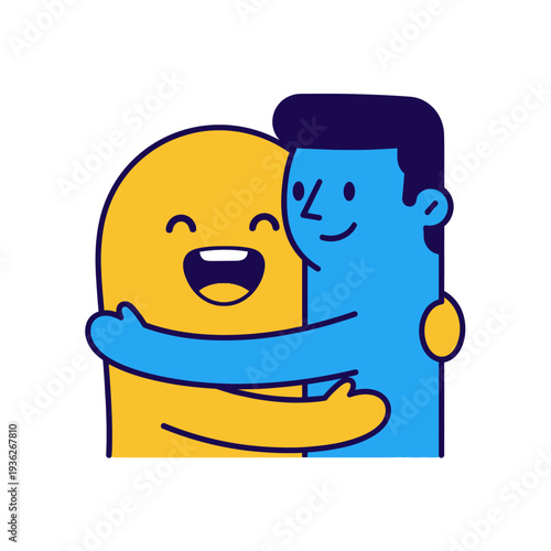 Friendly hug: Yellow monster hugs happy blue man, cartoon style