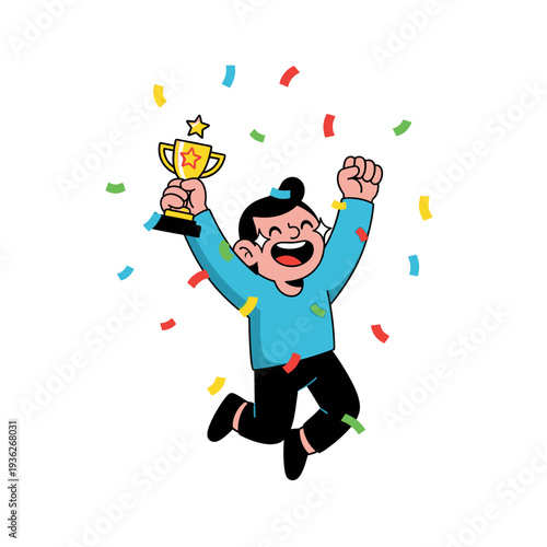 Happy Person Jumps with Trophy and Confetti, Celebrating Victory and Success