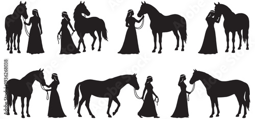 Collection of silhouettes depicting women in long dresses interacting with horses, showcasing various poses and connections.