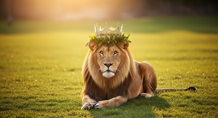 Golden hour photos A magnificent lion, crowned and adorned with a laurel wreath, rests peacefully in its sun-kissed domain