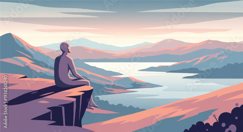 Person meditating on a cliff overlooking a serene mountain lake at sunrise or sunset, calm and peaceful landscape