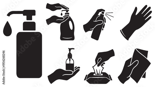 Collection of hygiene and cleaning icons, including hand sanitizer, spray, wipes, and gloves, illustrating personal care and sanitation.