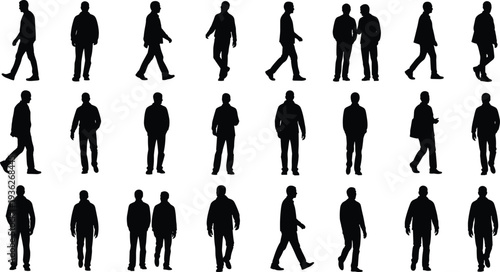 Walking people silhouettes collection, diverse human gait poses, motion tracking, biometric identification, walking patterns, posture study, movement illustration, lifestyle concept