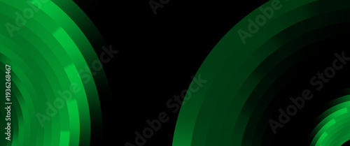 Dramatatic Dark Green Abstract Circular Geometric Background. A striking vector composition featuring luminous emerald green concentric arcs and pixelated segments on a deep black base.