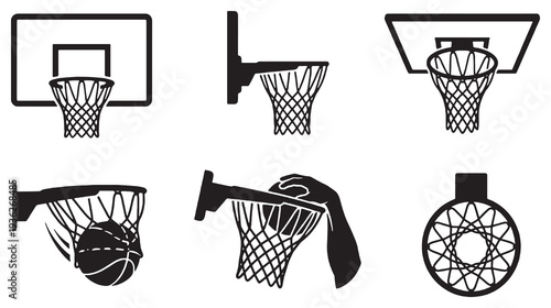 Collection of basketball hoop icons and illustrations showing different angles and actions.