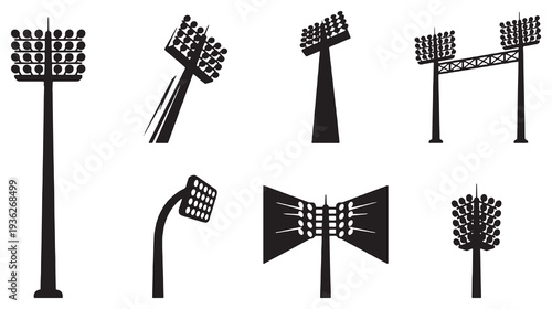 Collection of silhouette icons representing stadium floodlights and lighting towers in various designs and angles.