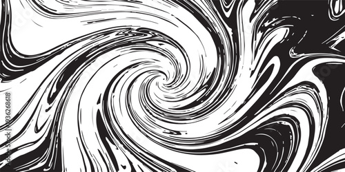 A dynamic black and white abstract swirl pattern creates a fractal vortex of motion, blending spiral curves and wave textures into a liquid tunnel of light and space