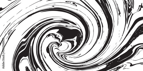An abstract black and white swirl background features a spiraling fractal vortex pattern with elegant curves and waves creating a mesmerizing monochrome texture illustration for an artistic backdrop