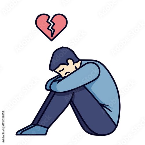 Sad Man Sitting With Broken Heart Above Head, Loneliness, Heartbreak Concept