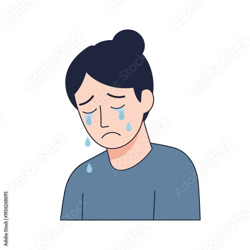 Sad Woman Crying Tears Isolated on White Background, Emotional Distress, Frustration