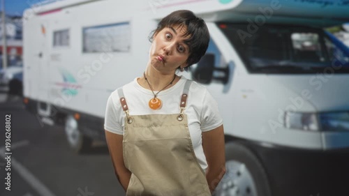 Woman in apron puckers lips and tilts head beside a white parked motorhome on a sunny street; playful curiosity.