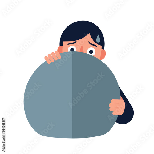 Scared Person Hiding Behind Large Object, Fearful Expression, Anxiety Concept