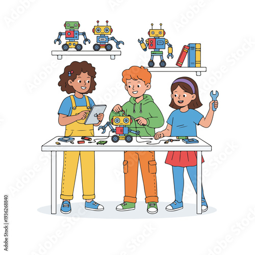 Three diverse children are enthusiastically assembling a robot on a table, surrounded by tools and a tablet, while other robots and books are displayed on a shelf above.