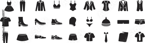 PrintBlack clothing and fashion accessories icon set including dresses shoes suits shirts and seasonal wear for web design interface