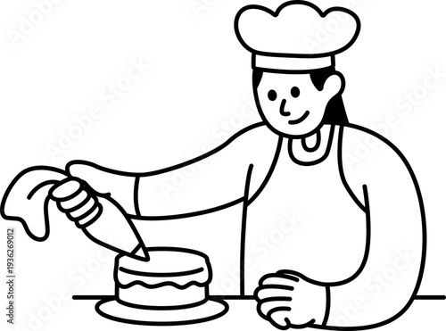 Baker Decorating Cake with Cream and Fresh Toppings Vector