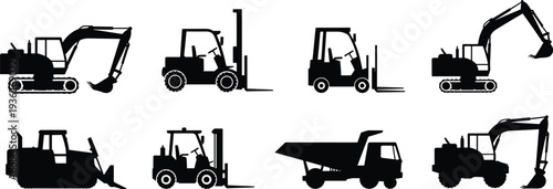 PrintBlack construction machinery silhouette set including excavator forklift dumper and bulldozer for industrial building and logistics site design elements