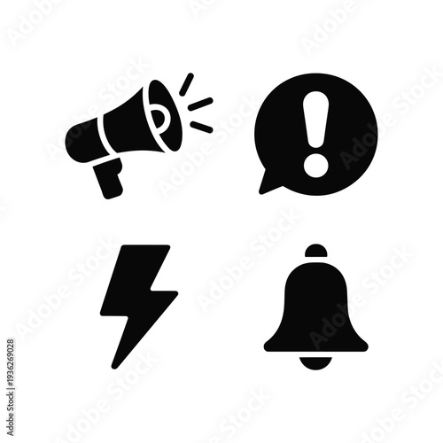 Black and white of megaphone exclamation mark lightning bolt and bell speech bubble vector illustration isolated on white background.