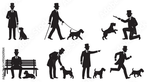 Collection of Silhouettes Depicting a Gentleman in a Top Hat Interacting with His Dog in Various Poses.