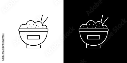 Simple Line Art Icon Illustration of a Bowl of Rice with Chopsticks on White and Black Backgrounds