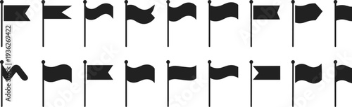 PrintBlack flag silhouette icon set featuring various waving banner shapes and pennant symbols for map marking and nautical design