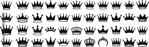 PrintBlack crown silhouette icon collection featuring royal tiara and king queen authority symbols for luxury branding and award design