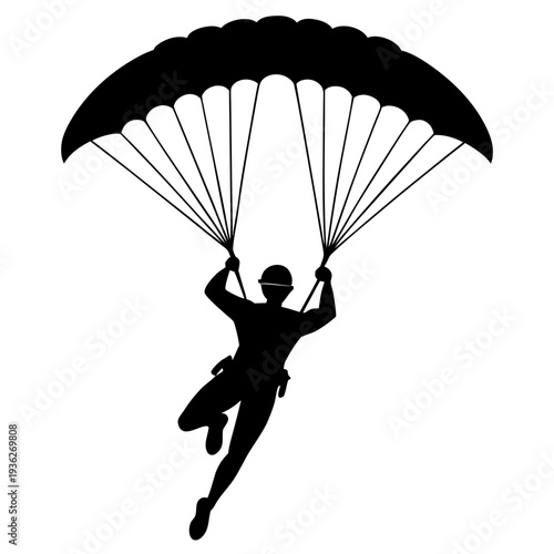 Isolated vector graphic of paratrooper with open parachute on white background
