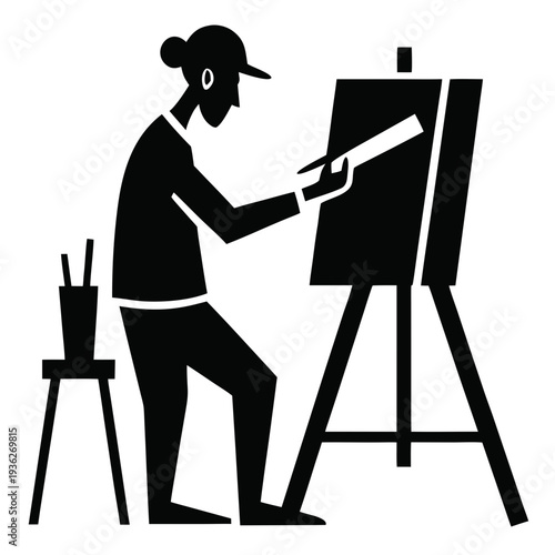 Artist figure painting on an easel, black and white vector