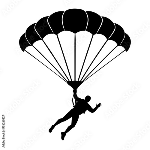 Parachutist silhouette descending with open parachute on white background