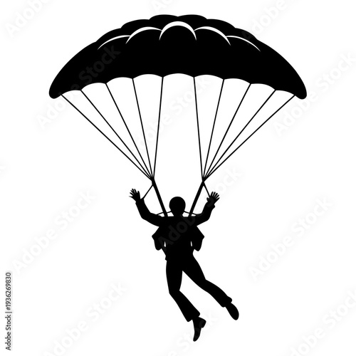 Skydiver in black silhouette with parachute, isolated vector on white.