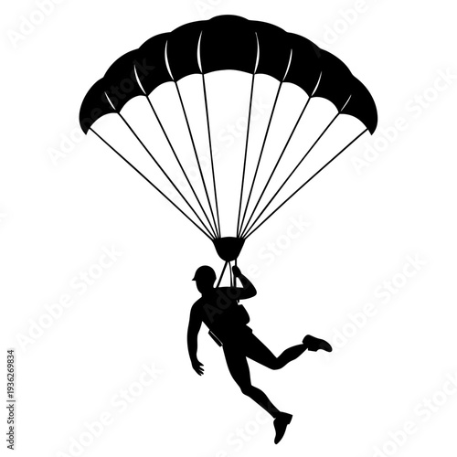Skydiver descending with open parachute, black silhouette vector