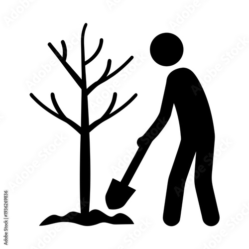 Pictogram of person planting a bare deciduous tree with a shovel