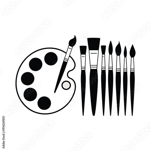 Black and white of paintbrushes and palette supplies painting tools vector illustration isolated on white background.