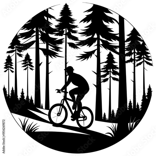 Mountain biker silhouette on forest trail with pine trees, graphic