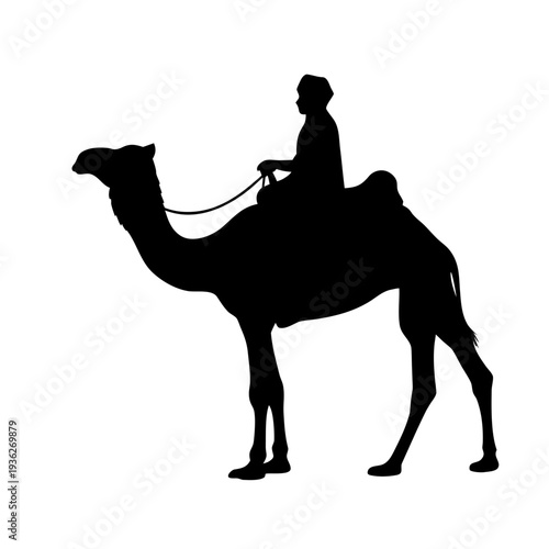 Dromedary camel with rider silhouette vector, isolated