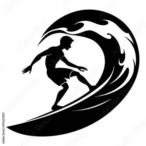 Black silhouette of surfer riding a stylized ocean wave, vector