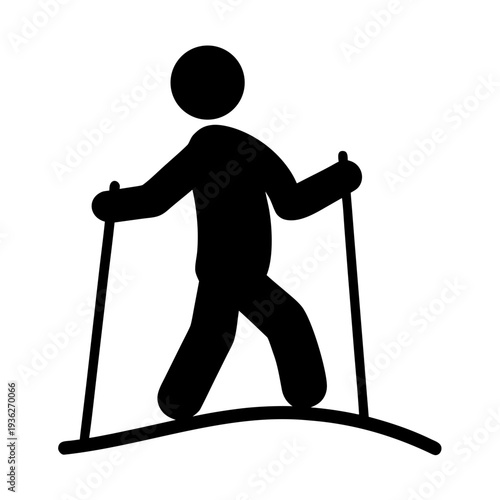 Black silhouette of a person nordic walking with poles, isolated