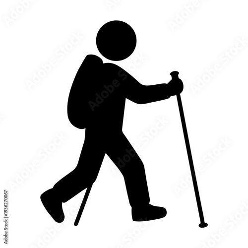 Black silhouette of a person hiking with a backpack and trekking