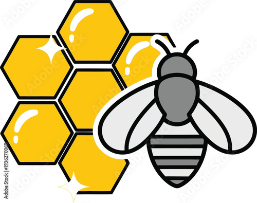 Vector illustration of honey bee with honeycomb, flat cartoon style for beekeeping and nature concepts