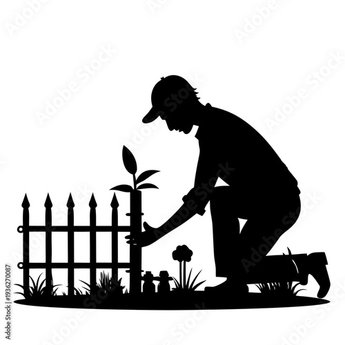 Gardener tending small plant near picket fence, white background