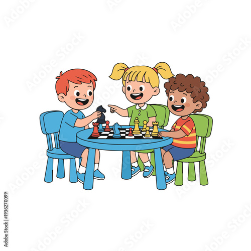 Three happy children, two boys and a girl, are enthusiastically playing chess together at a round blue table, engaged in a friendly game.