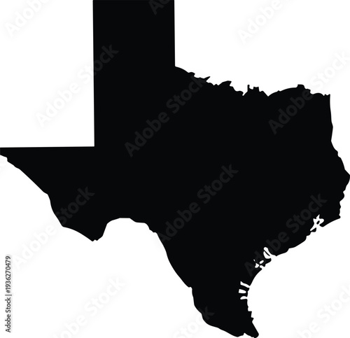 PrintBlack silhouette map of Texas state isolated on white background for patriotic southern travel, geography, and regional branding,