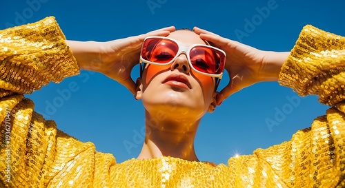 Stunning woman in yellow sequin dress enjoying sunny day with trendy sunglasses