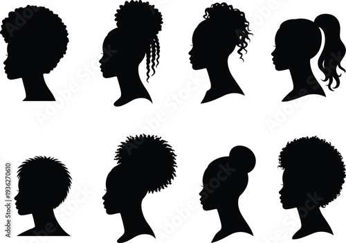 PrintBlack silhouette profile of African American women with various natural hairstyles including afros buns and ponytails on white background