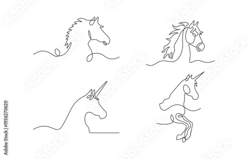 Minimalist single line art horse and unicorn head collection