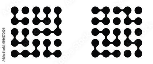 Pattern of black meta balls isolated on white background. Modern geometric shapes of liquid connected drops. Diagonal meta ball connected circles shape. Abstract nerve cell dots or computer nano net.